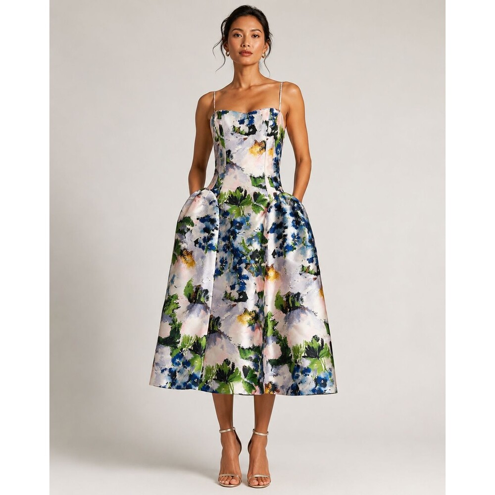 Express Floral Satin Midi Dress Size 14 Fit Flare Smocked Back NWT